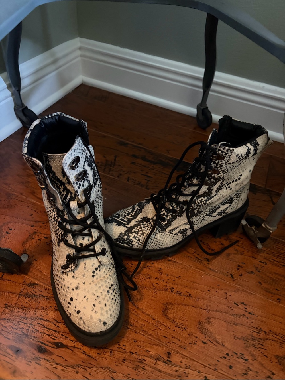 Madden Girl Black & White Snake-Print Lace-Up Combat Boots